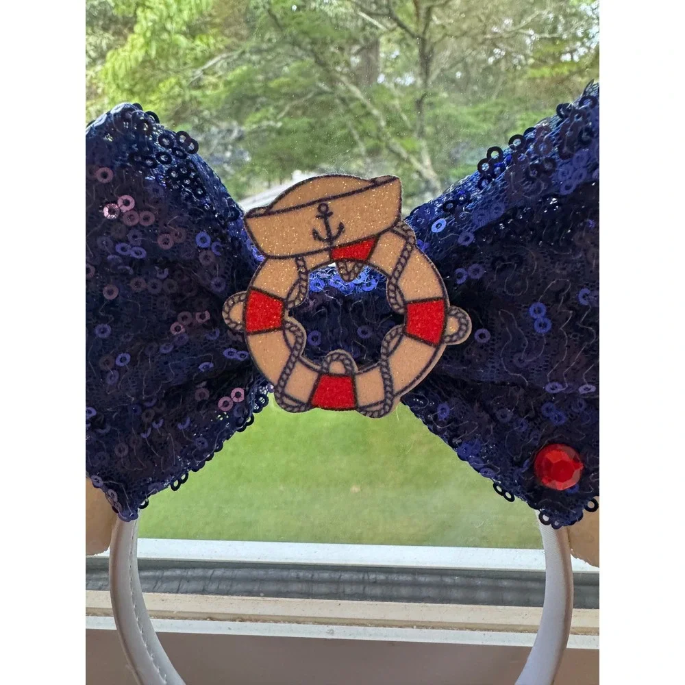 Handmade Disney Cruise Inspired Nautical Mickey Mouse Ears Headband Sequin Bow